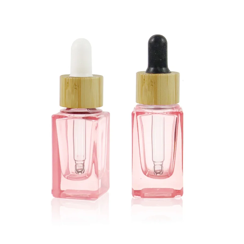 2022 New Trends Wholesale Cosmetic Package Pink Glass Bottle Dropper Square Shape Clear 10mL Glass Bottle With Bamboo Cap