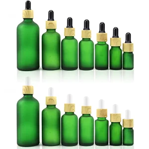 Luxury Boston Round Glass Essential Oil Dropper Bottle Green Frosted Glass Dropper Bottle With Bamboo Cap