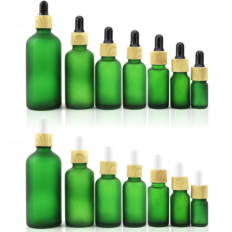 Luxury Boston Round Glass Essential Oil Dropper Bottle Green Frosted Glass Dropper Bottle With Bamboo Cap