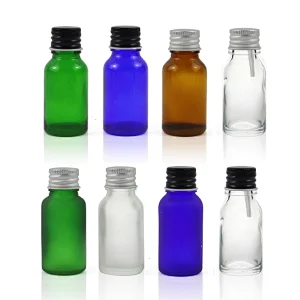 Wholesalers Empty clear Blue Green Clear Frost 15ml Essential Oil Bottle with aluminum Cap Euro Orifice Reducer Dropper