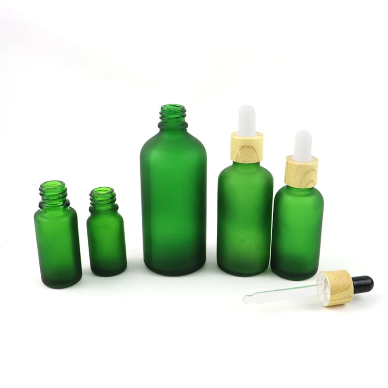 Luxury Boston Round Glass Essential Oil Dropper Bottle Green Frosted Glass Dropper Bottle With Bamboo Cap