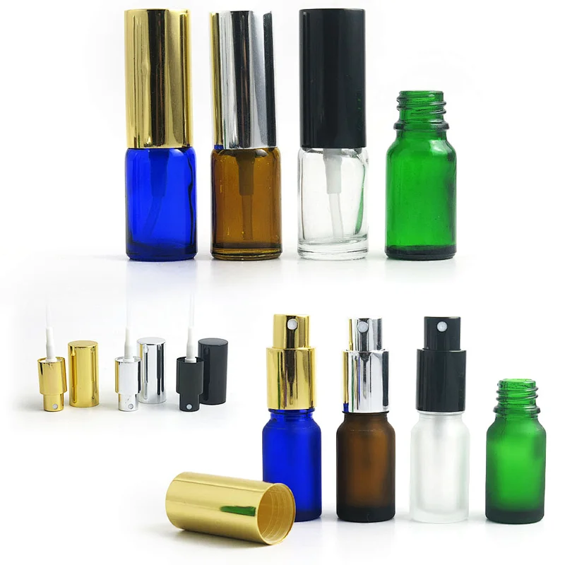 Cosmetic Packaging 10ml Green Clear Amber Blue Frosted Glass Spray Perfume Oil Bottles With Aluminum Spray Cap