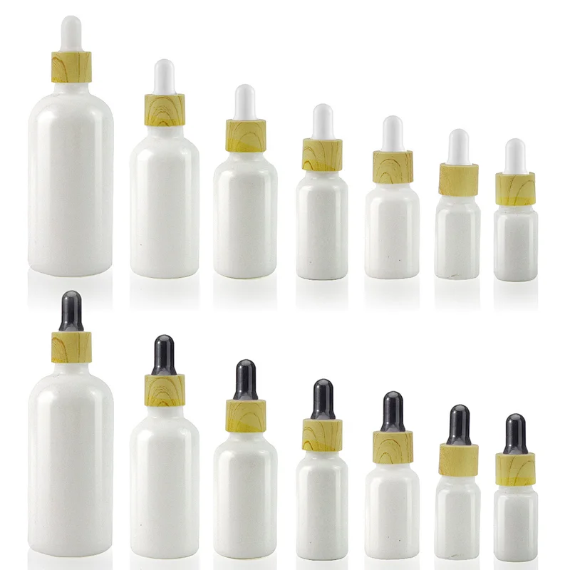 Luxury Empty Essential Oil Eye White Porcelain Glossy Glass Dropper Bottle With Pipette Bamboo Dropper Cap