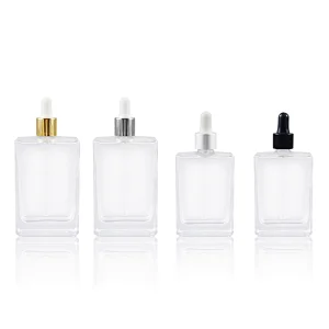 50ml 100ml Flat Square Rectangle Luxury Glass Dropper Bottles With Shiny Silver Gold Cap For Serum Essential Oil