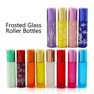 Wholesale Empty Essential Oil Perfume Frosted Clear Amber Blue Glass Roll On Bottle With Metal Roller Ball