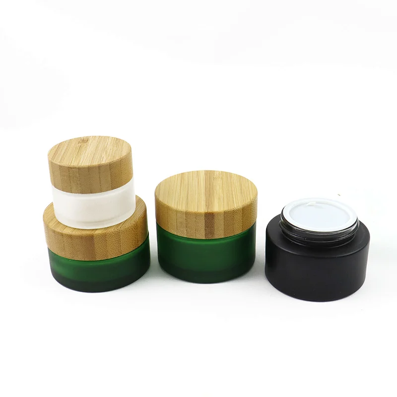 Frosted Coating Bamboo Cosmetic Packaging Face Cream Skin Care Containers 20mL 30mL 50mL Glass Cosmetic Cream Jar with Bamboo Lids