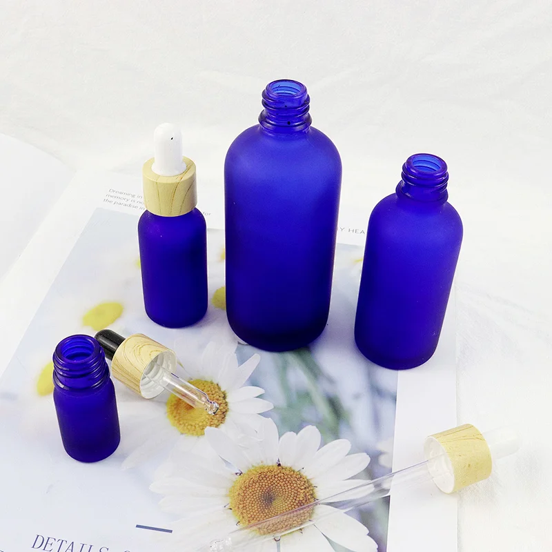 Essence Frosted Frosted Glass Dropper Bottle Cobalt Blue Perfume Sample Vials Multi Capacity Essential Oils Bottle with Bamboo Cap