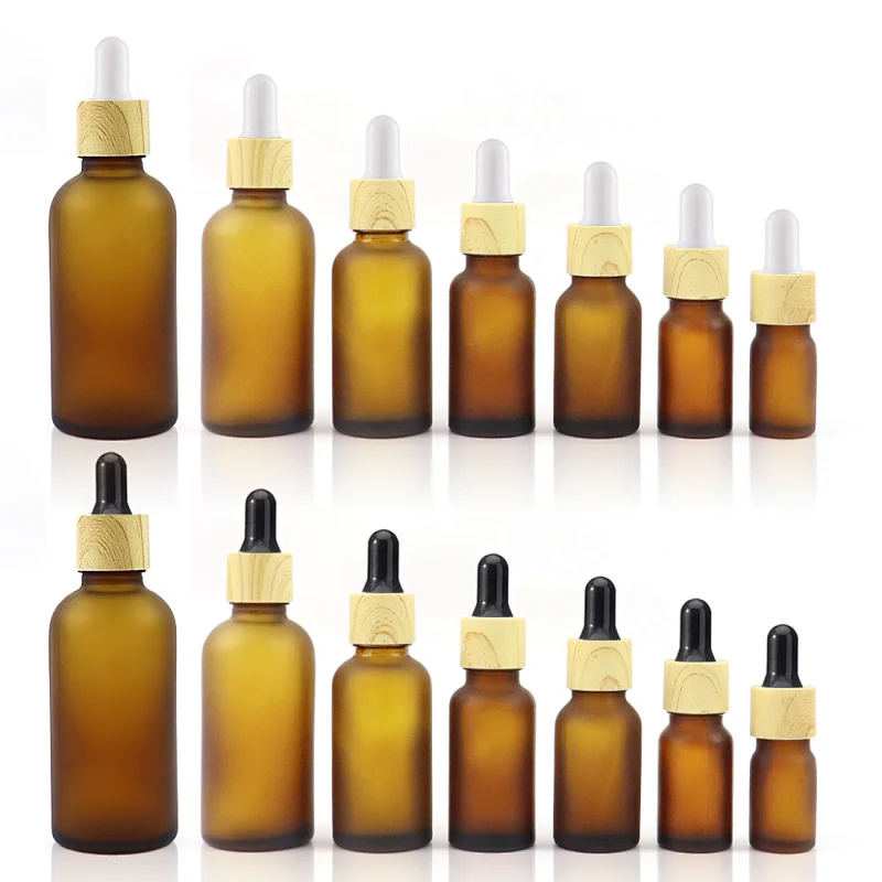 Wholesale Skin Care Essential Oil Serum Bottle Frosted Amber Glass Dropper Bottle With Bamboo Dropper Cap