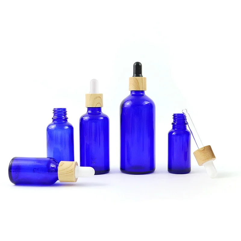 Essence Liquid Clear Glass Dropper Bottle Cobalt Blue Perfume Sample Vials Multi Capacity Essential Oils Bottle with Bamboo Cap