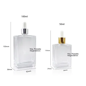 50ml 100ml Flat Square Rectangle Luxury Glass Dropper Bottles With Shiny Silver Gold Cap For Serum Essential Oil