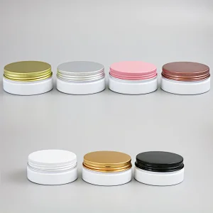 Custom Logo 100g White Plastic Skincare Cosmetic Containers Jars with metal lids