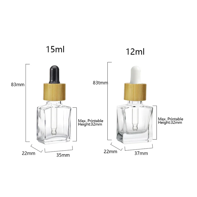 Popular Empty Clear Flat Square Rectangle 15mL 12mL Cosmetic Skincare Packaging Glass Dropper Oil Serum Bottle With Bamboo Cap