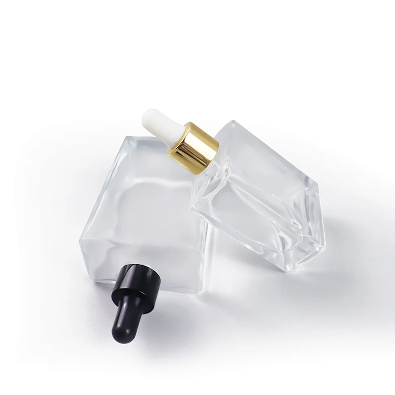 50ml 100ml Flat Square Rectangle Luxury Glass Dropper Bottles With Shiny Silver Gold Cap For Serum Essential Oil