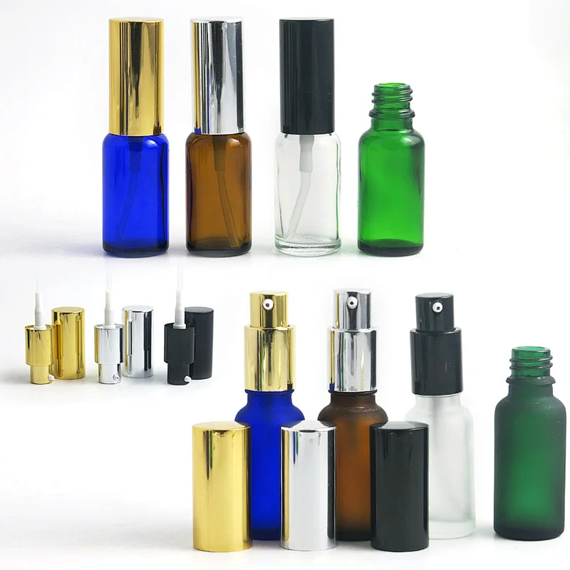 RTS Blue Green Amber Clear 20mL Round Glass Bottle Shiny Gold Pump Essential Oil Using Empty Oil Pump Bottles