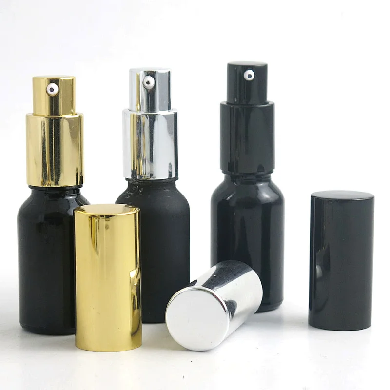 Free shipping Empty 20ml Black Frost Glass Perfume pump Bottle with Mist Spray Cap Essential Oil pump glass Bottle