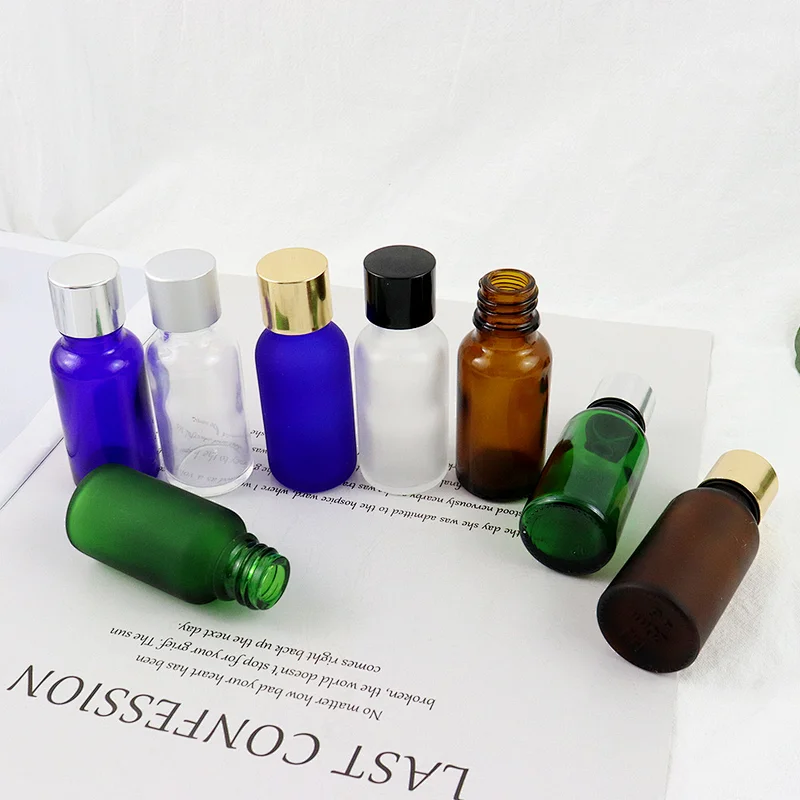 Custom Amber Green Blue Clear Aromatherapy 20 ml Clear Frosted Glass Vintage Flat Lid Small Essential Oil Bottles