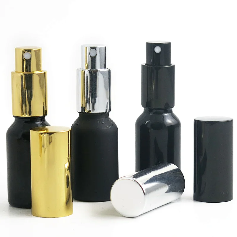 Customize 20ml Black Matte Frosted Glass Perfume pump Bottle With Mist Pump Cap Essential Oil Spray glass Bottle