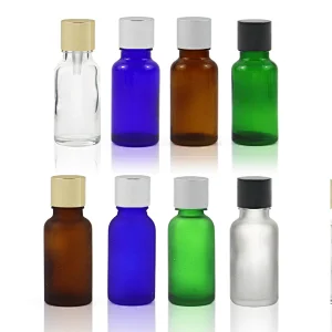 Custom Amber Green Blue Clear Aromatherapy 20 ml Clear Frosted Glass Vintage Flat Lid Small Essential Oil Bottles