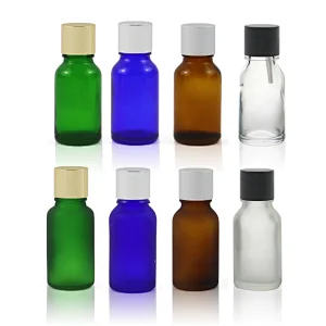 Wholesalers Empty clear Blue Green Clear Frost 15ml Essential Oil Bottle with aluminum Cap Euro Orifice Reducer Dropper