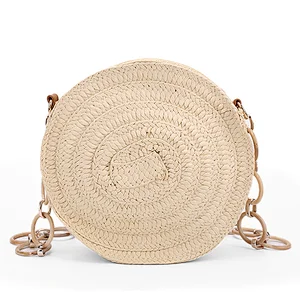 Large-capacity round straw bag with ring stitching chain