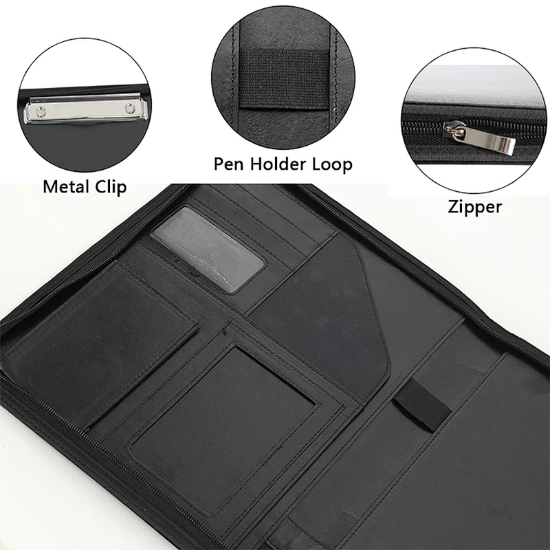 A4 PU Leather File Folder Bag, Business Conference Portfolio bag with Zipper
