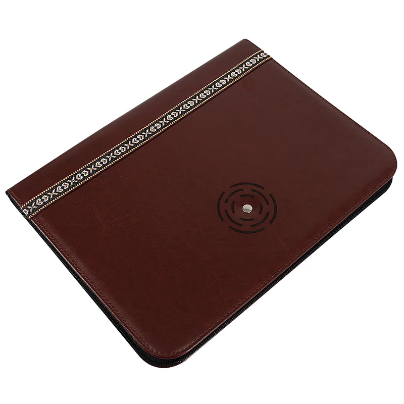 Brown Professional PU Leather Folder Padfolio Zip File Folder Holder A4