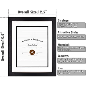 Classic Black Graduation Picture Certificate Frame Diploma Awards Photo Holders Wood Frames 11 x 14 with double mat