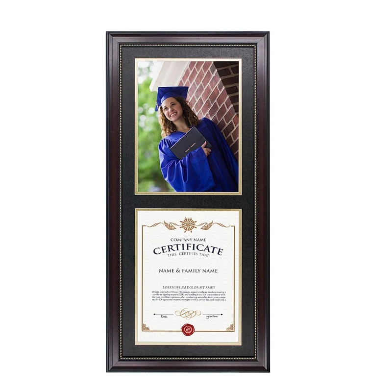 Double Document Certificate Diploma Graduation Picture Frame with Cherry Wood Color Gold dot Finish