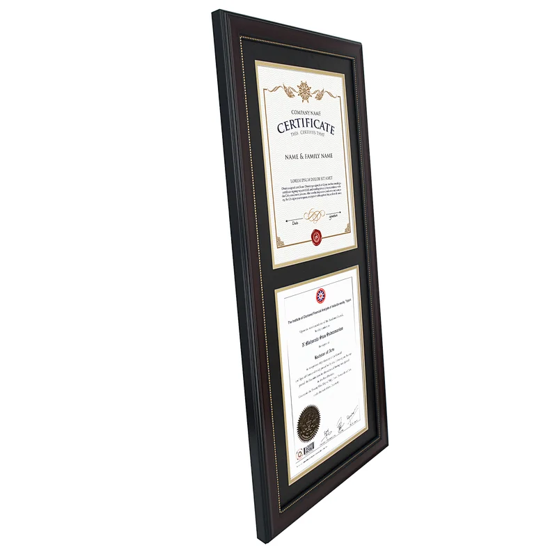 Double Document Certificate Diploma Graduation Picture Frame with Cherry Wood Color Gold dot Finish