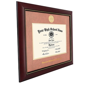 Double matted Customized Red Brown Wooden Diploma Picture Frame Certificate Document Frame for A4 awards