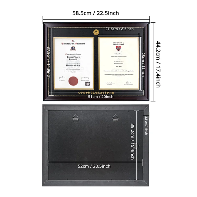 Horizontally Wall Mount Double College Certificates Diplomas Frame With or Without School seal Black&Gold Double Matting