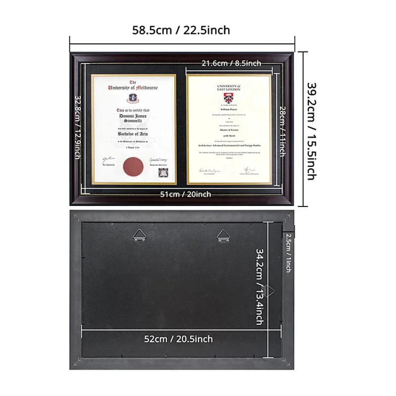 Horizontally Wall Mount Double College Certificates Diplomas Frame With or Without School seal Black&Gold Double Matting