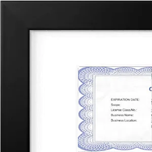 Display Black Document Picture Frame Business License Frame 3.5x7 with White Mat or 5x10  Without Mat