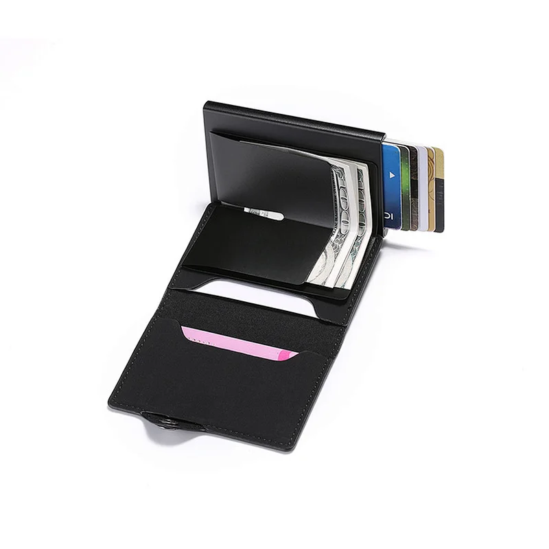 Hot selling high quality aluminum card holder leather card holder leather pop up high quality credit card holder rfid push