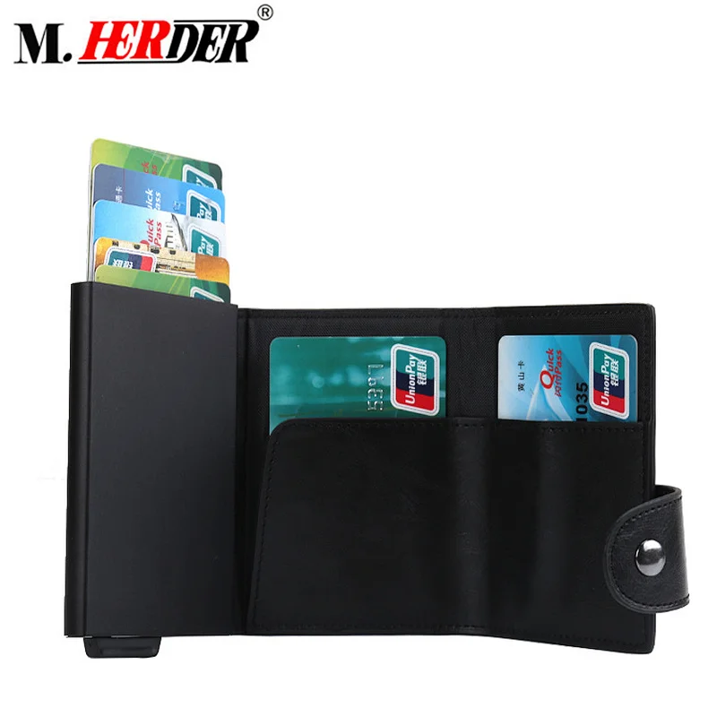 Hot selling rifd blocking popup card holder aluminium leather bank credit card holder luxury metal hard case wallet