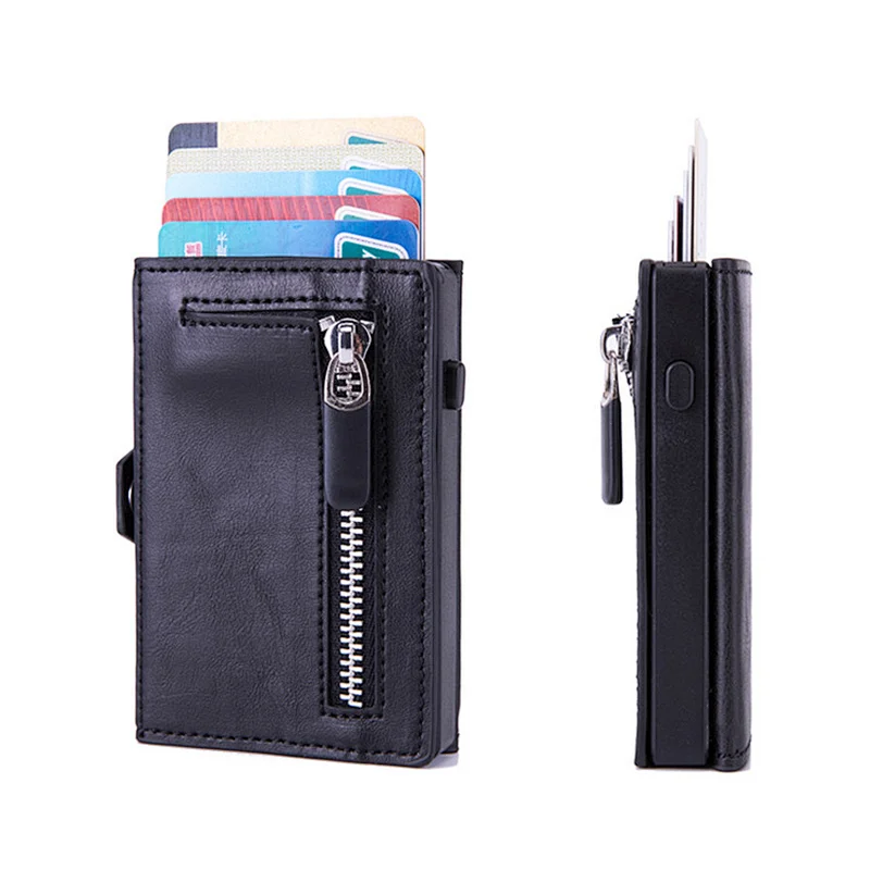 Reasonable price bifold metal wallet mens slim pu leather id credit cards holder small male wallet wood grain card holders