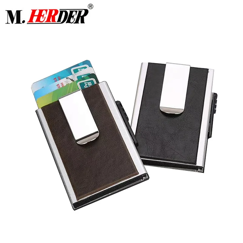 Anti-theft rfid metal card wallet pu leather wallet money clip leather id card case holder rfid credit card holder with pop up