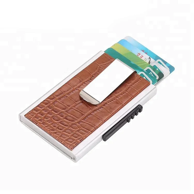 Made in China luxury fashion square edge metal pop up card holder crocodile skin wallet for men anti theft credit card holder