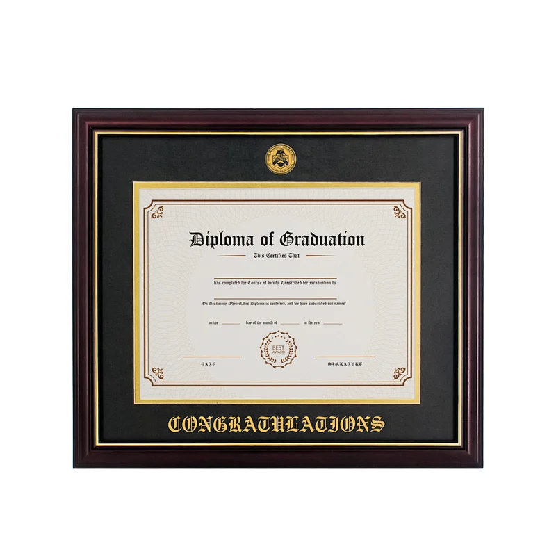 Double Matte 8.5*11 Reddish Brown Wood Document Diploma Picture Frame with Gold Medallion for Certificate