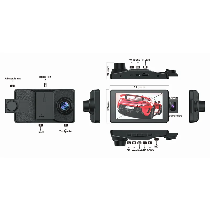 三镜头4.0英寸FHD 1080P仪表摄像头，带IPS显示屏
