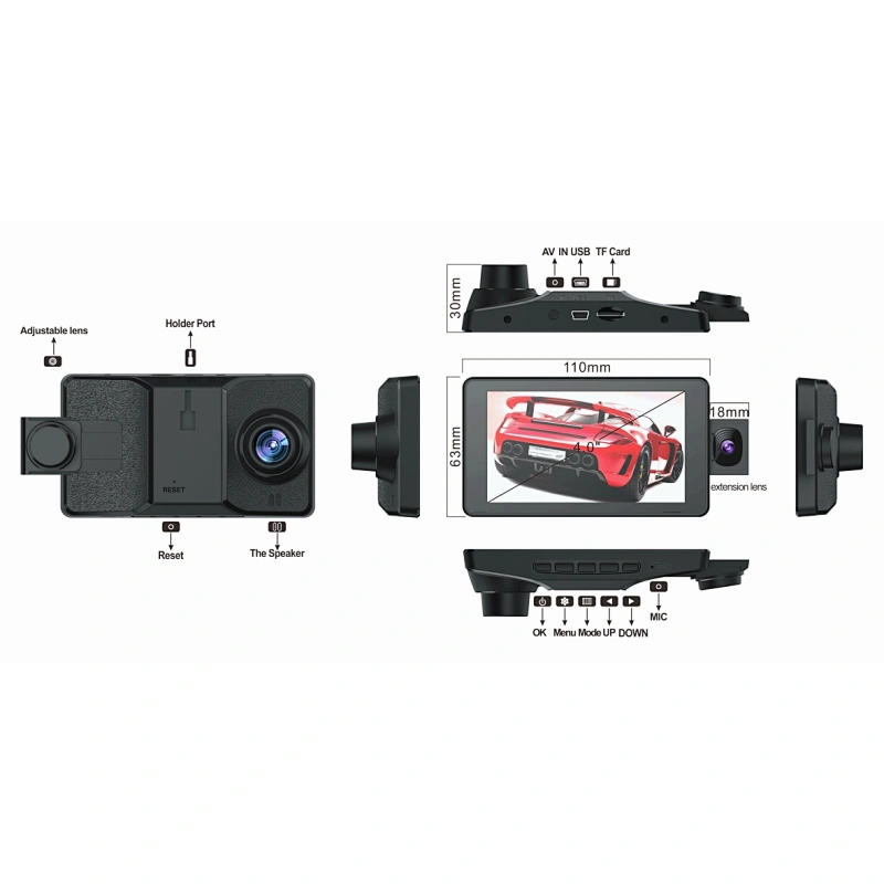 4,0-Zoll-FHD 1080P-Dash-Kamera mit drei Objektiven und IPS-Display