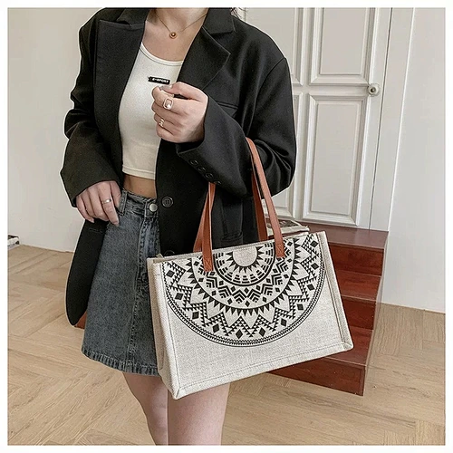 Women canvas bag With Leather Handles