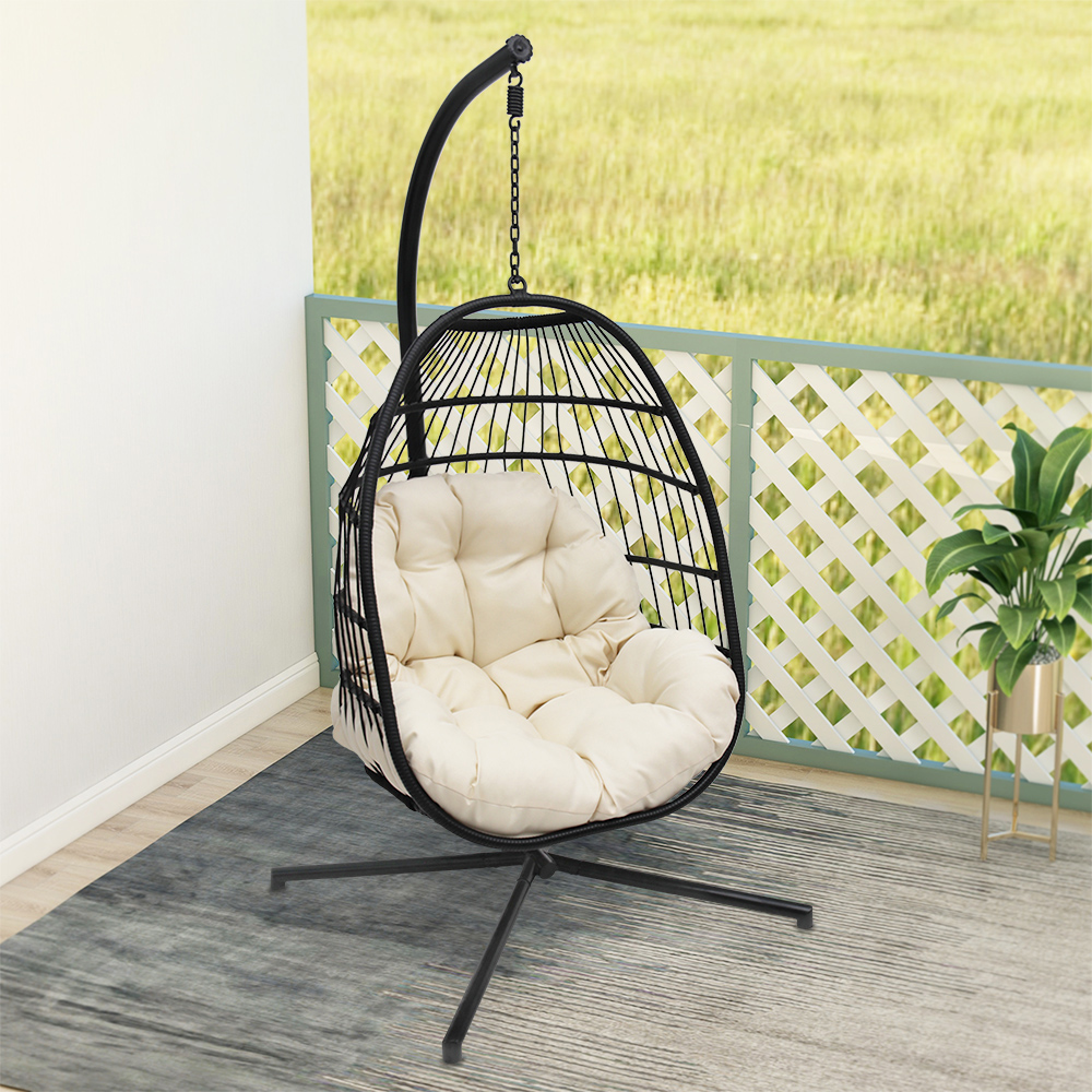 Maypex Outdoor Rope Basket Swing Chair W Stand-Beige 300530-BL&BG