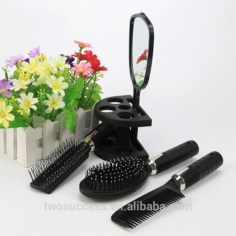Wholesale 5 pcs Black Plastic Decorative Comb And Mirror set Hairdressing Tool