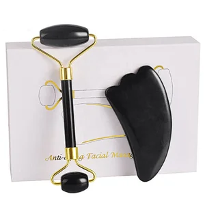 2019 New Product Natural  Black Jade Stone Roller and guasha set for Facial Massage Tool