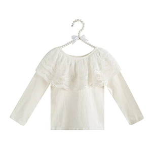 2018 wholesale girls Pure White Lace tops cotton  Long sleeve  little girls  tops