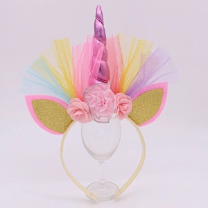 Wholesale Gold elastic designer birthday party cat ear flower  unicorn horn gauze headbands for baby girls