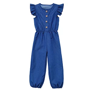 Cotton footed jean jumpsuit short sleeve long leg baby girl denim romper with feet