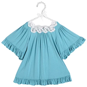 2019 New Fashion Blue Shirts For Girls 0-Neck With  Lace  Pleated Girl Tunic Top For Girl