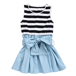 KAPU Cotton Sleeveless Stripes Bow Denim frocks dress for 2-10 year baby girl